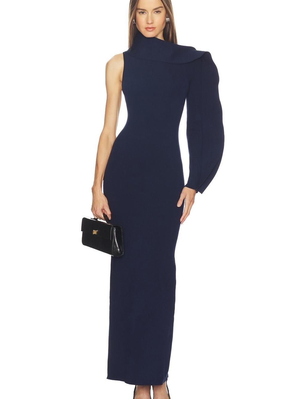 SRG Himani Midnight Navy Asymmetric One Sleeve Compact Knit Maxi Dress L NWT